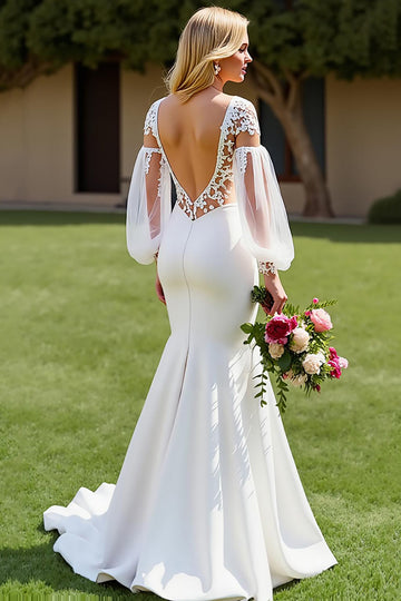 V-Neck Satin Mermaid Ivory Wedding Dress with Lace Appliques